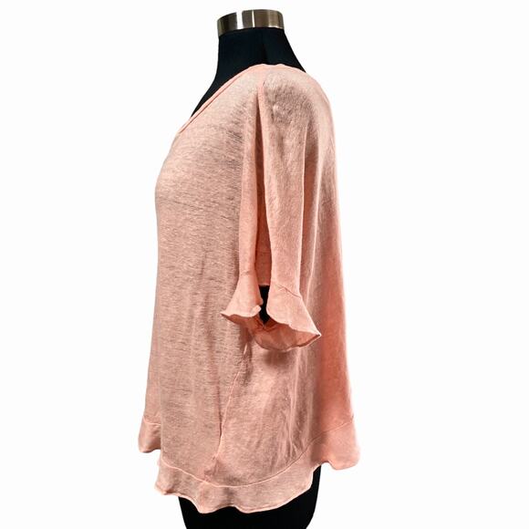 Eri + Ali Peach 100% Linen Top Crossover Back Ruffled Hem & Sleeves LARGE - Picture 4 of 8